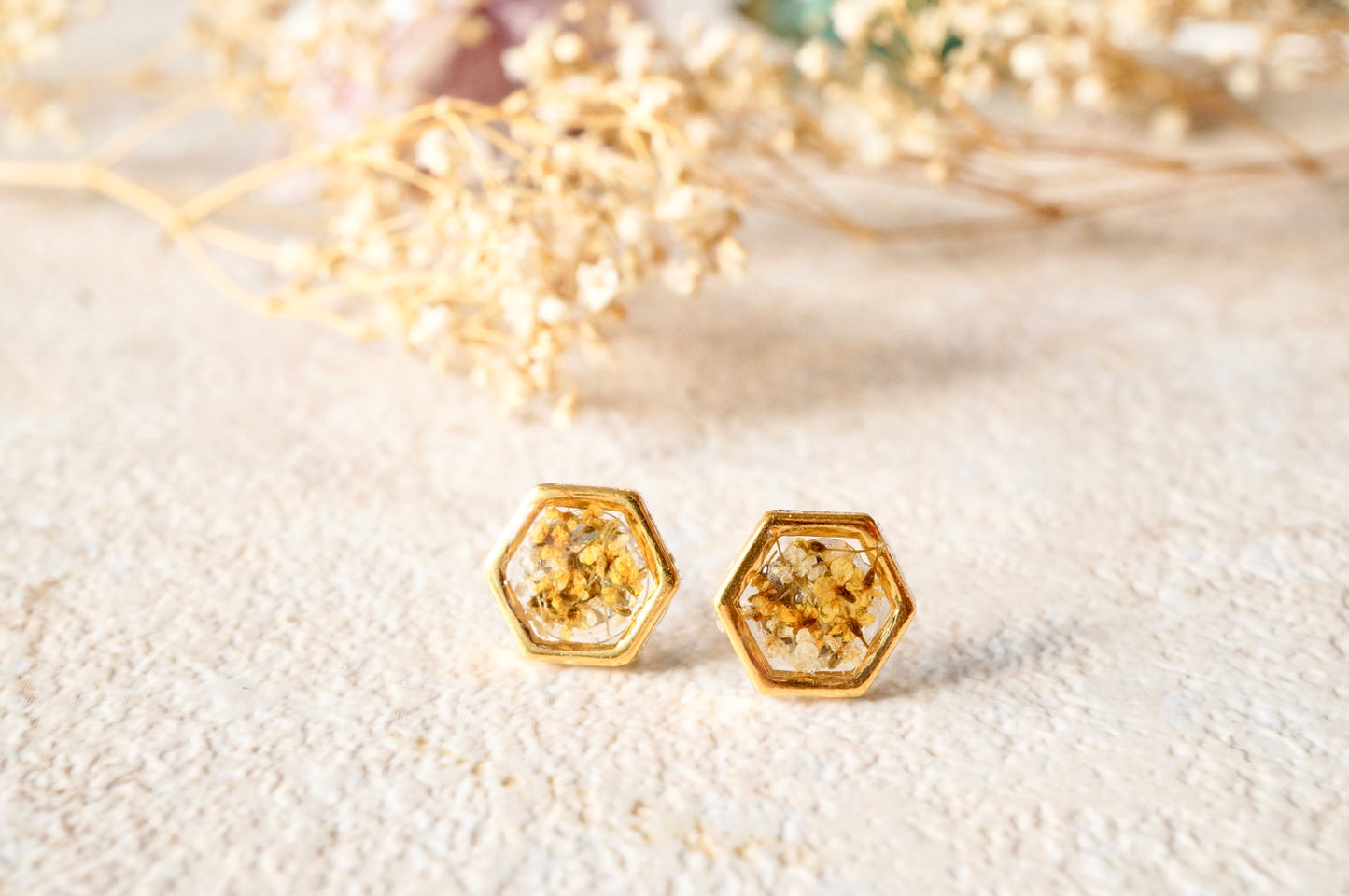Real Dried Flowers and Resin Hexagon Gold Stud Earrings in Yellow and White