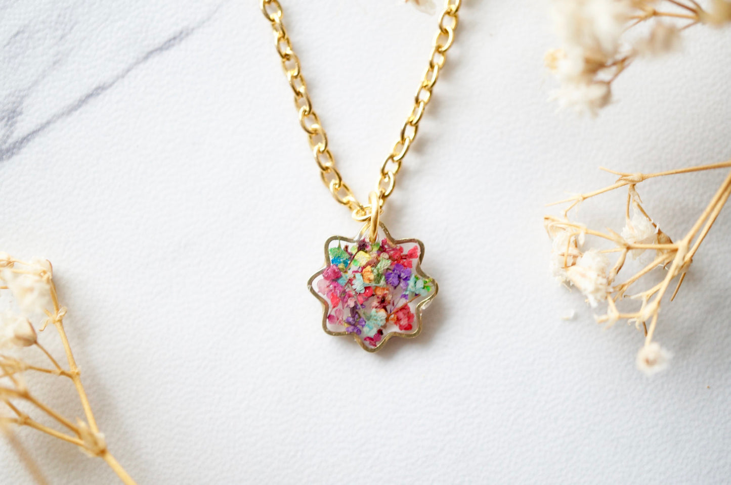 Real Dried Flowers and Resin Necklace, Tiny Gold Flower in Party Mix