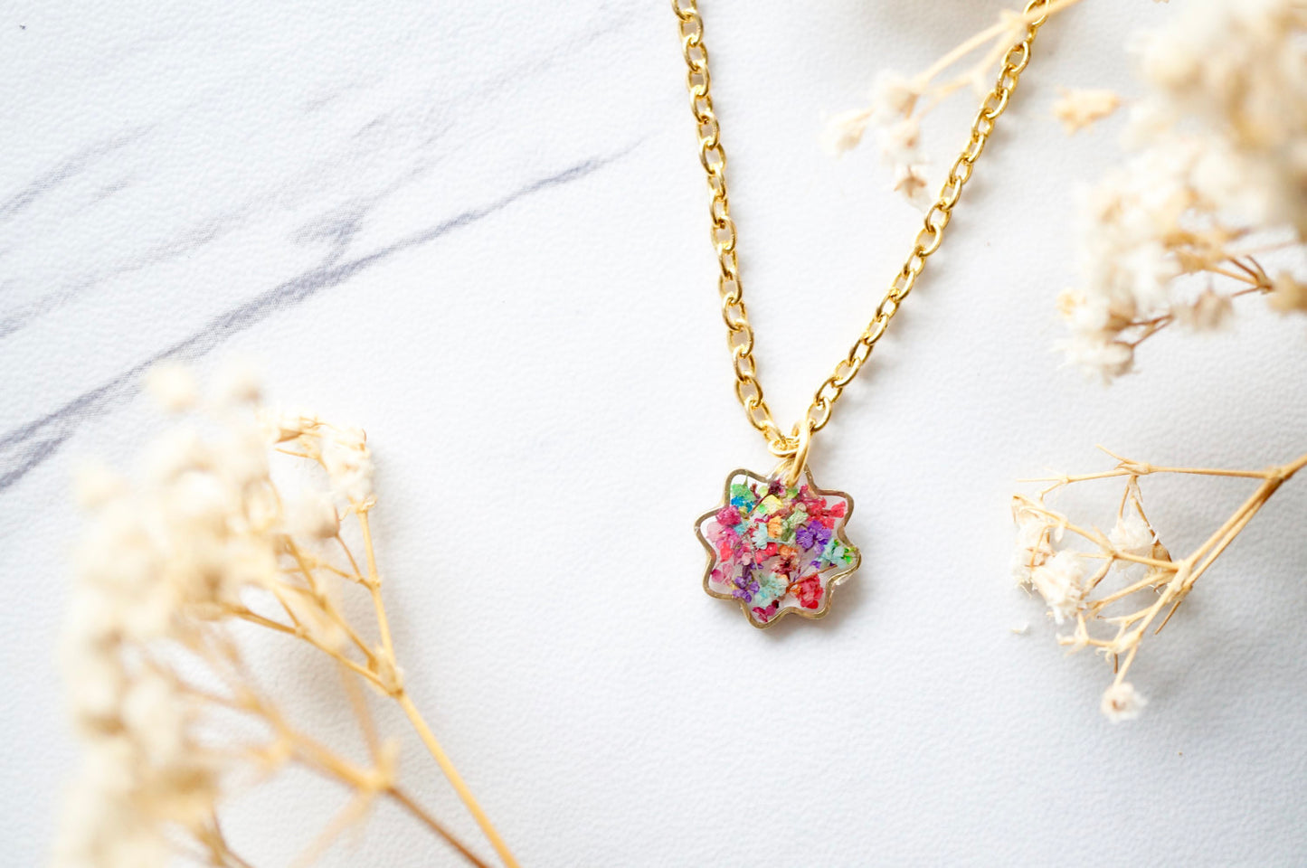 Real Dried Flowers and Resin Necklace, Tiny Gold Flower in Party Mix