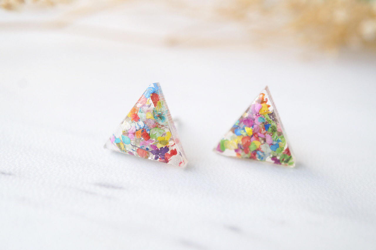 Real Dried Flowers and Resin Triangle Stud Earrings in Party Mix