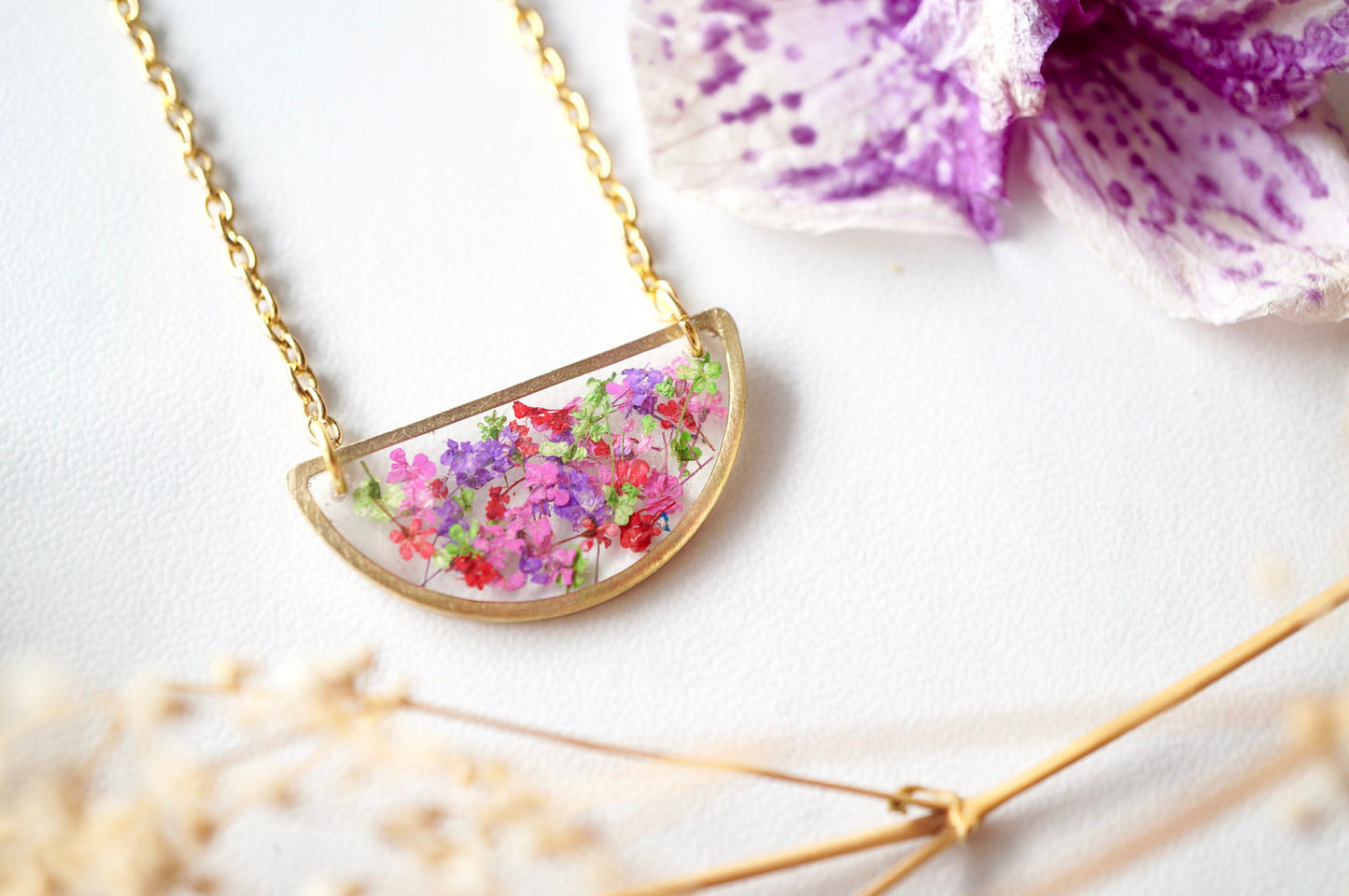 Real Dried Flowers in Resin Necklace, Half Circle in Purple Red Purple Green