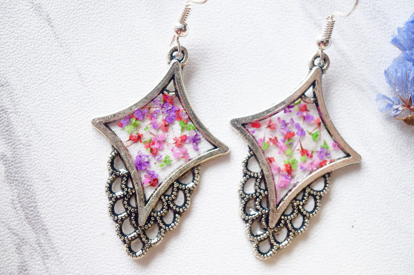Real Dried Flowers and Resin Earrings in Pink Purple Red Green
