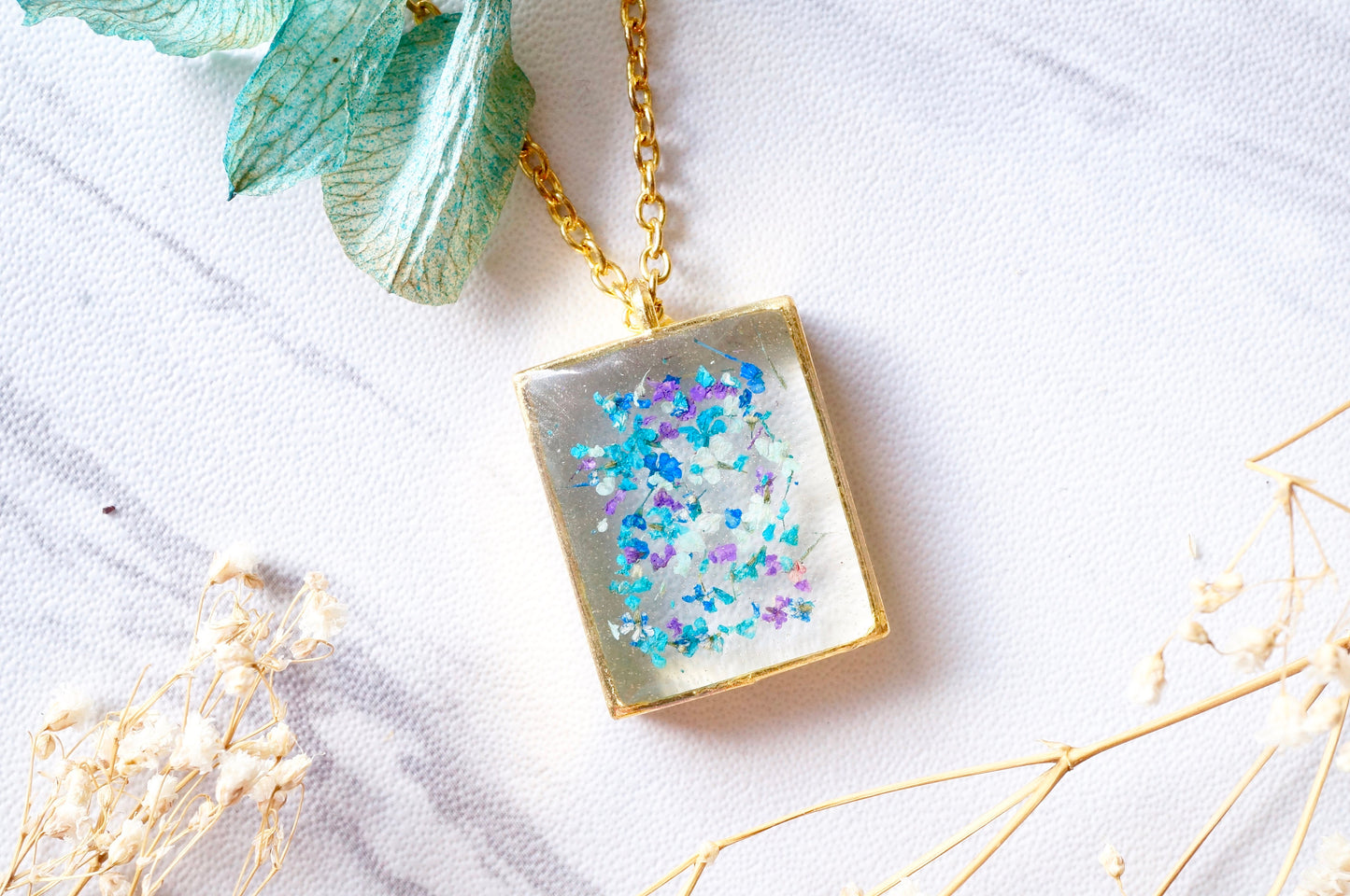 Real Pressed Flowers in Resin Necklace, Gold Square in Blue Mint Teal Purple