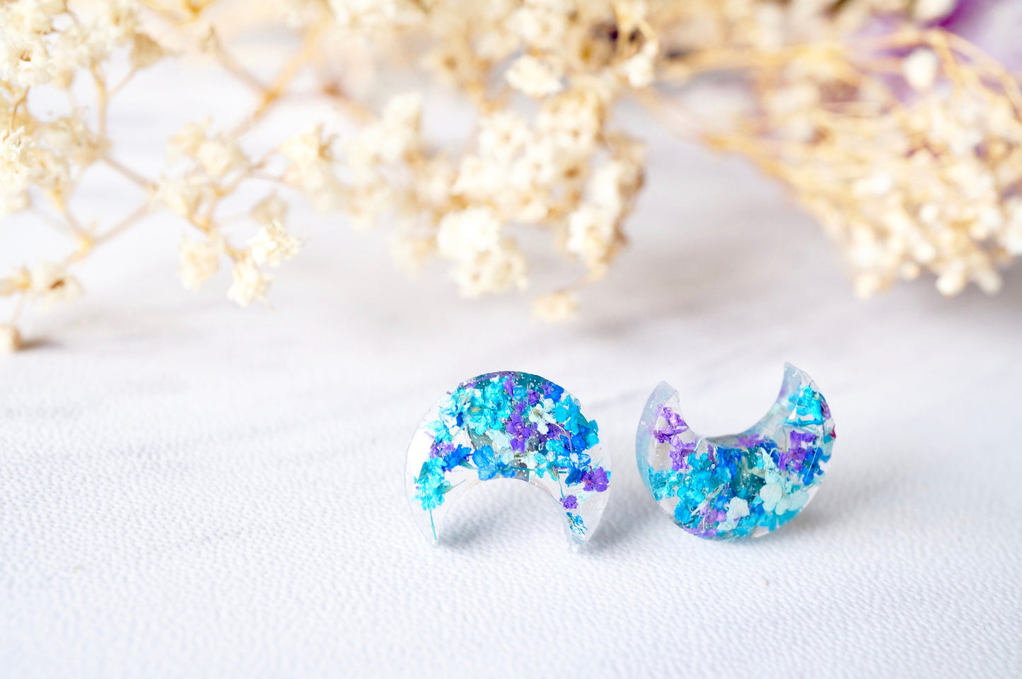 Real Pressed Flowers and Resin Moon Stud Earrings in Purple Blue Teal Mint