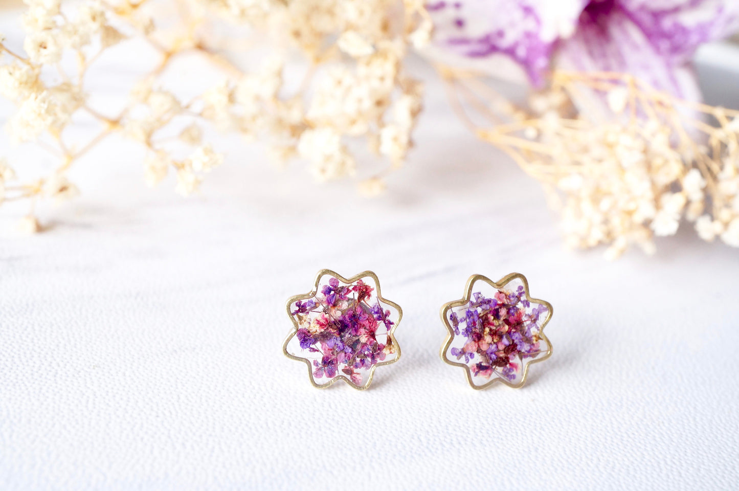 Real Pressed Flowers and Resin Flower Stud Earrings in Party Mix