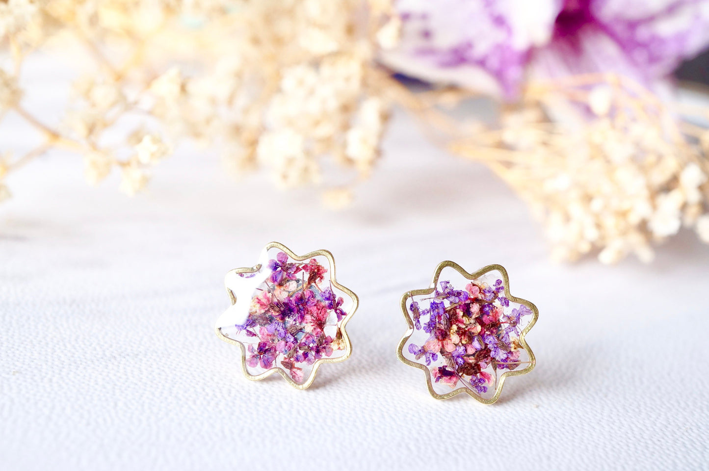 Real Pressed Flowers and Resin Flower Stud Earrings in Purples