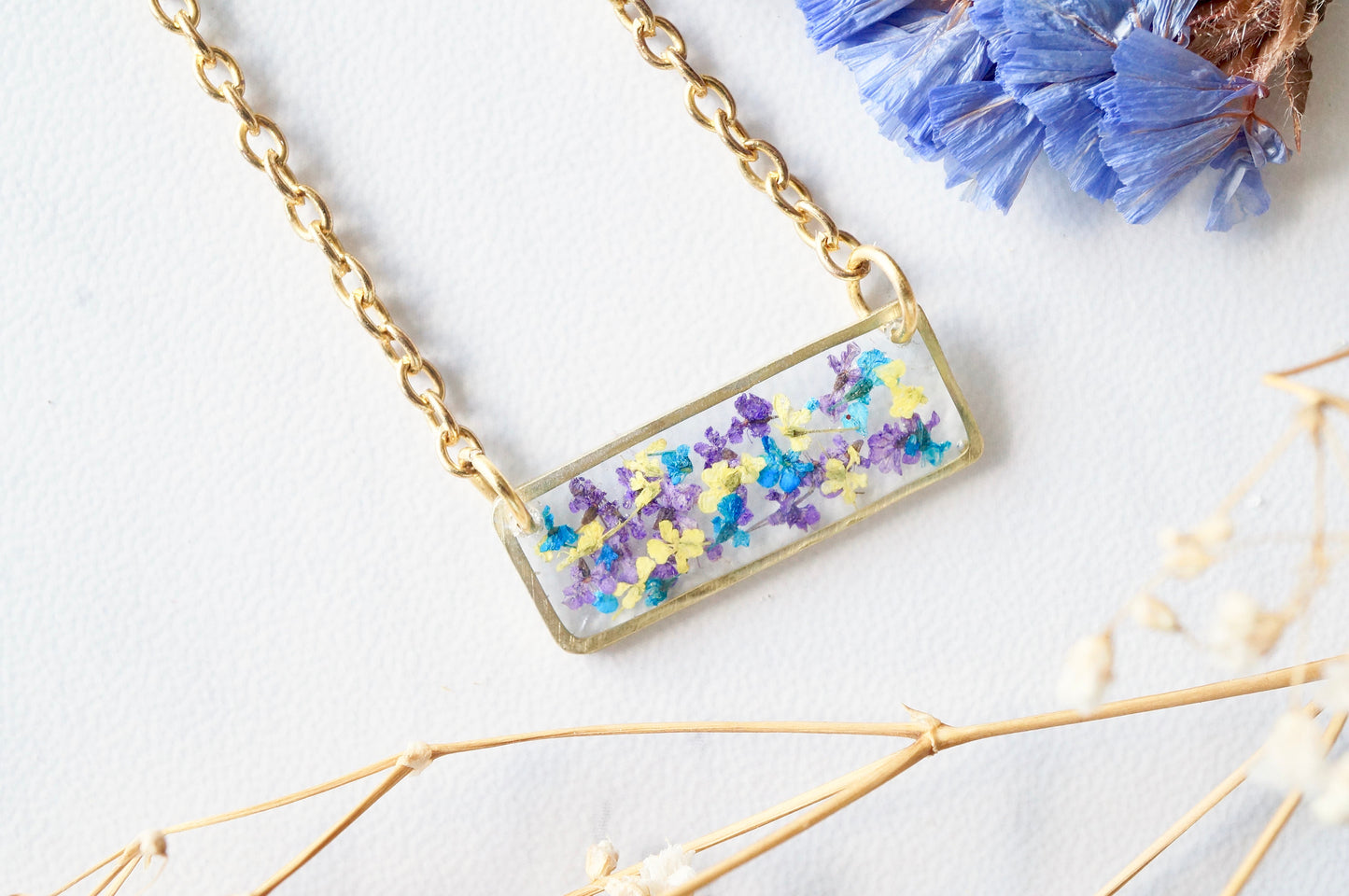 Real Dried Flowers and Resin Necklace, Gold Bar in Purple Yellow Blue