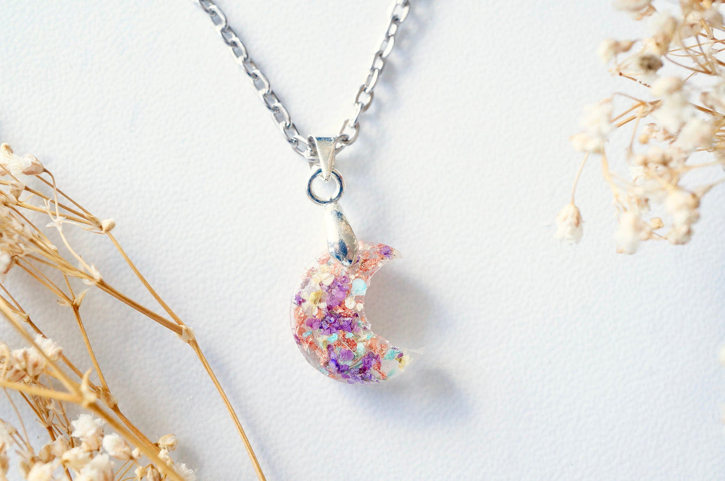 Real Pressed Flowers in Celestial Moon Resin Necklace - Purple Yellow Mint White with Rose Gold Flakes