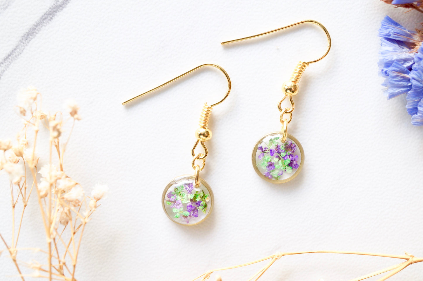 Real Dried Flowers and Resin Earrings, Gold Circle Drops in Purple Green