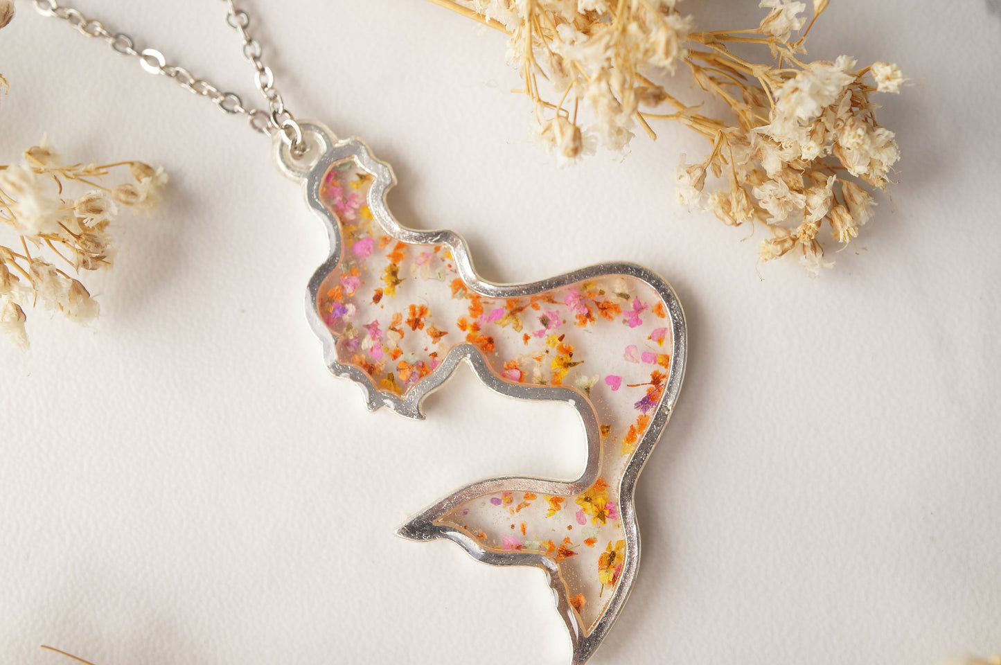 Real Dried Flowers in Resin Necklace, Silver Mermaid in Pink Orange Yellow Mix