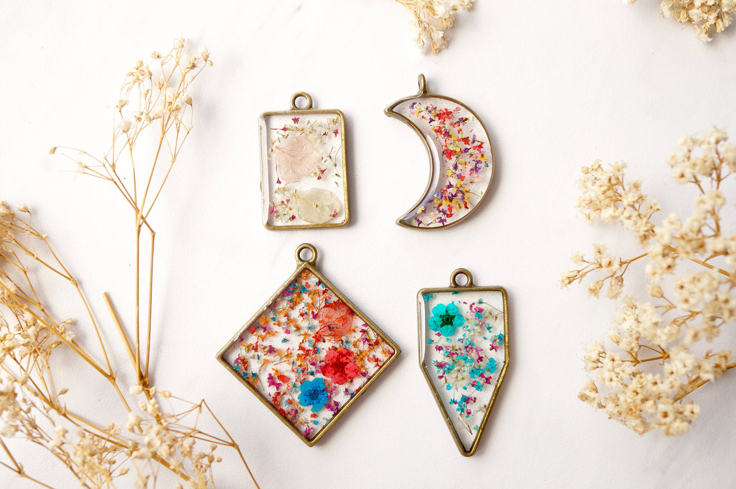 Real Dried Flowers in Resin Necklace, Silver Mermaid in Pink Orange Yellow Mix