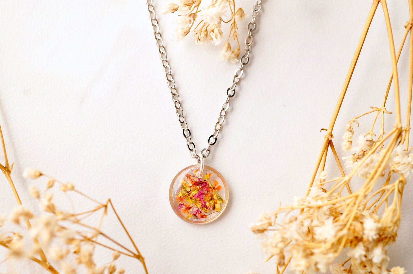 Real Dried Flowers in Resin Necklace, Small Silver Circle in Yellow Orange Red