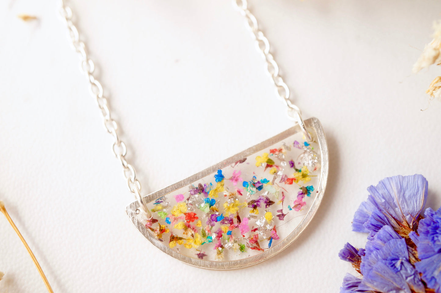 Real Dried Flowers in Resin Necklace, Silver Half Circle in Party Mix
