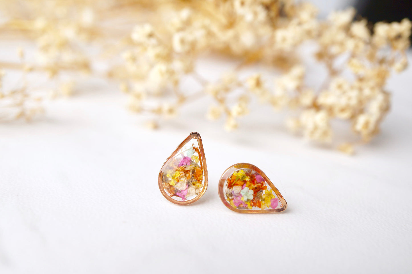Real Dried Flowers and Resin Stud Earrings, Gold Teardrop in Red Orange Yellow Pink Mint and White mix