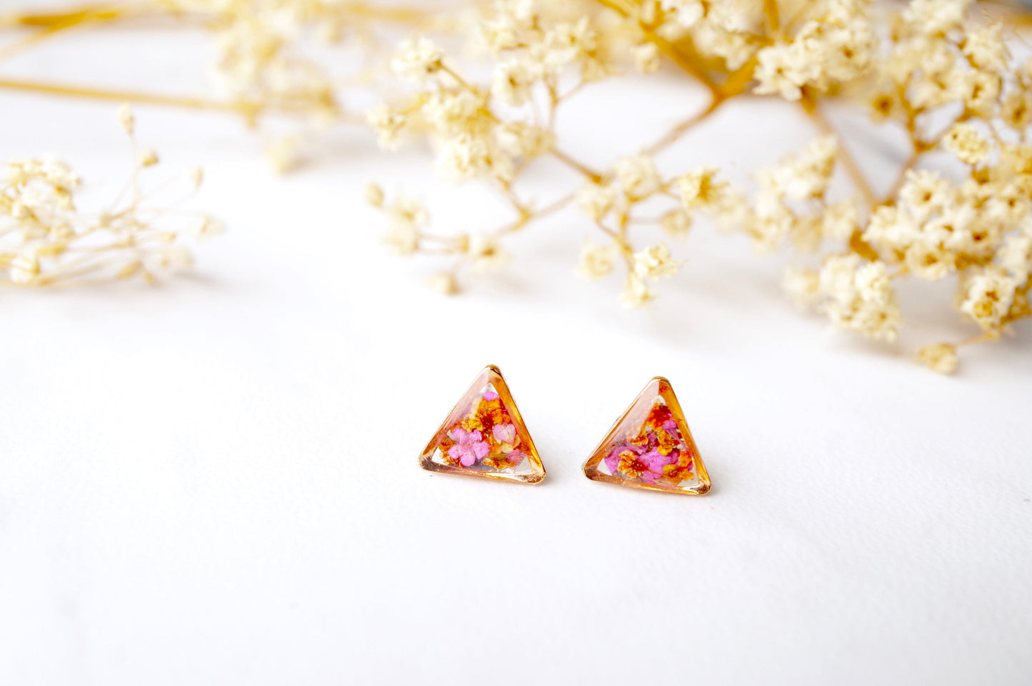 Real Dried Flowers and Resin Stud Earrings in Pink and Orange Mix with Rose Gold frame