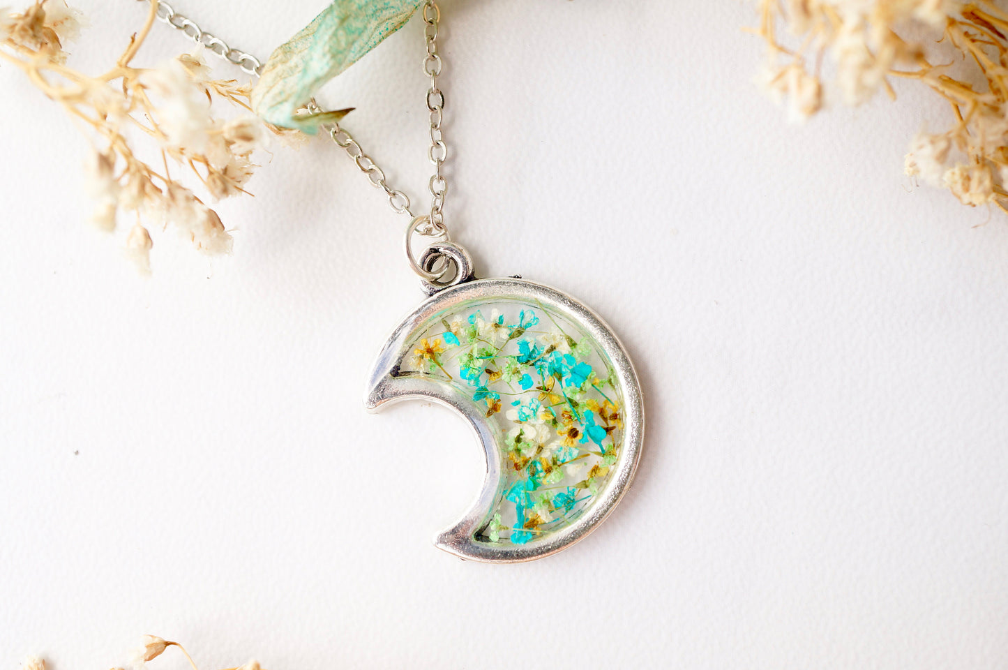 Real Dried Flowers and Resin Necklace, Silver Moon in Teal Green Yellow