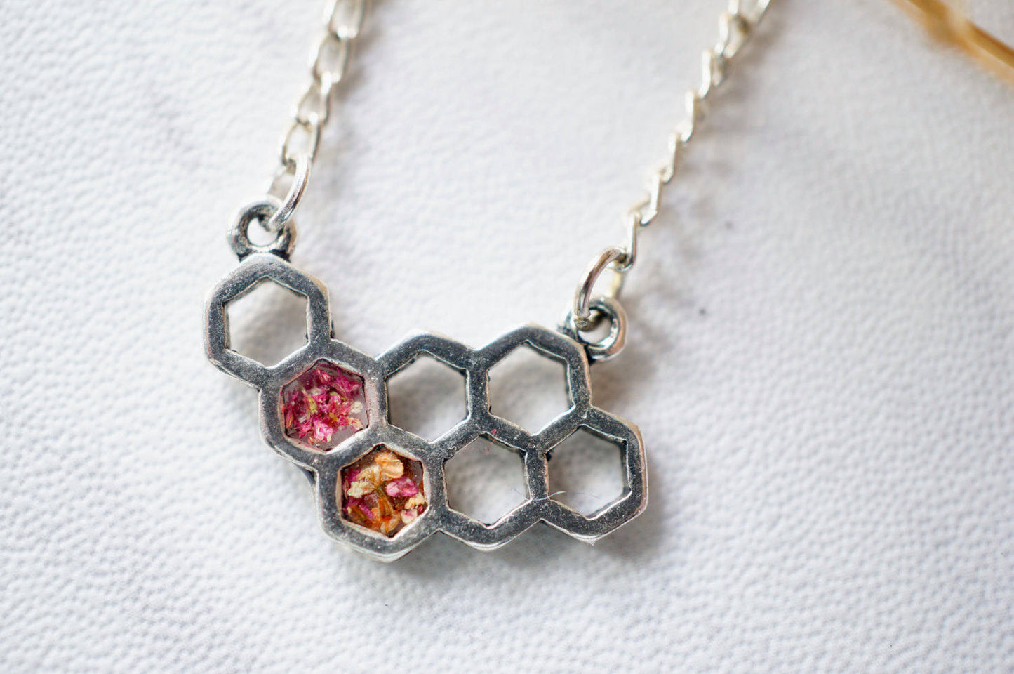 Real Dried Flowers in Honeycomb Resin Necklace in Teal White Green