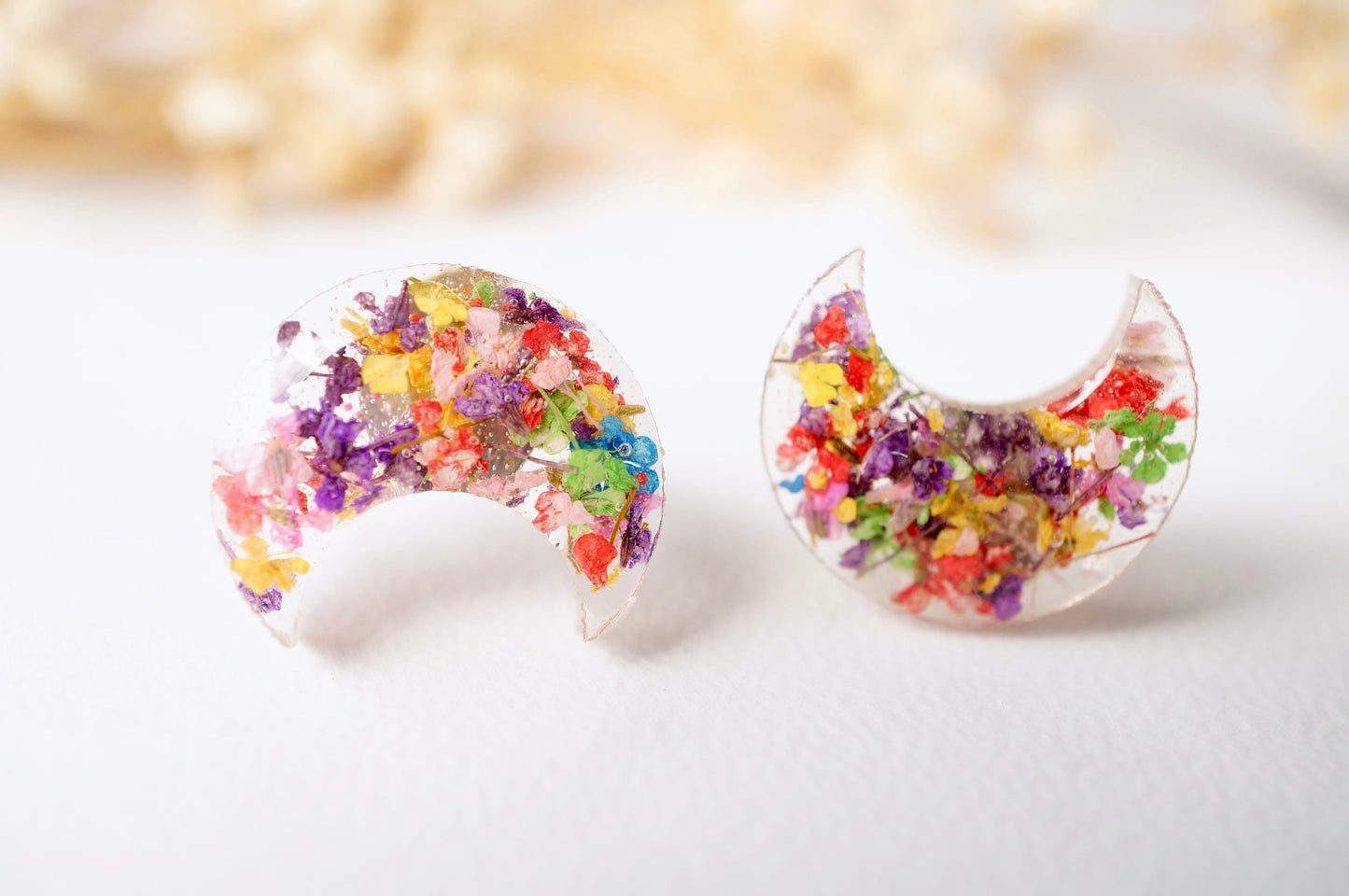 Real Pressed Flowers and Resin Celestial Moon Stud Earrings in Party Mix