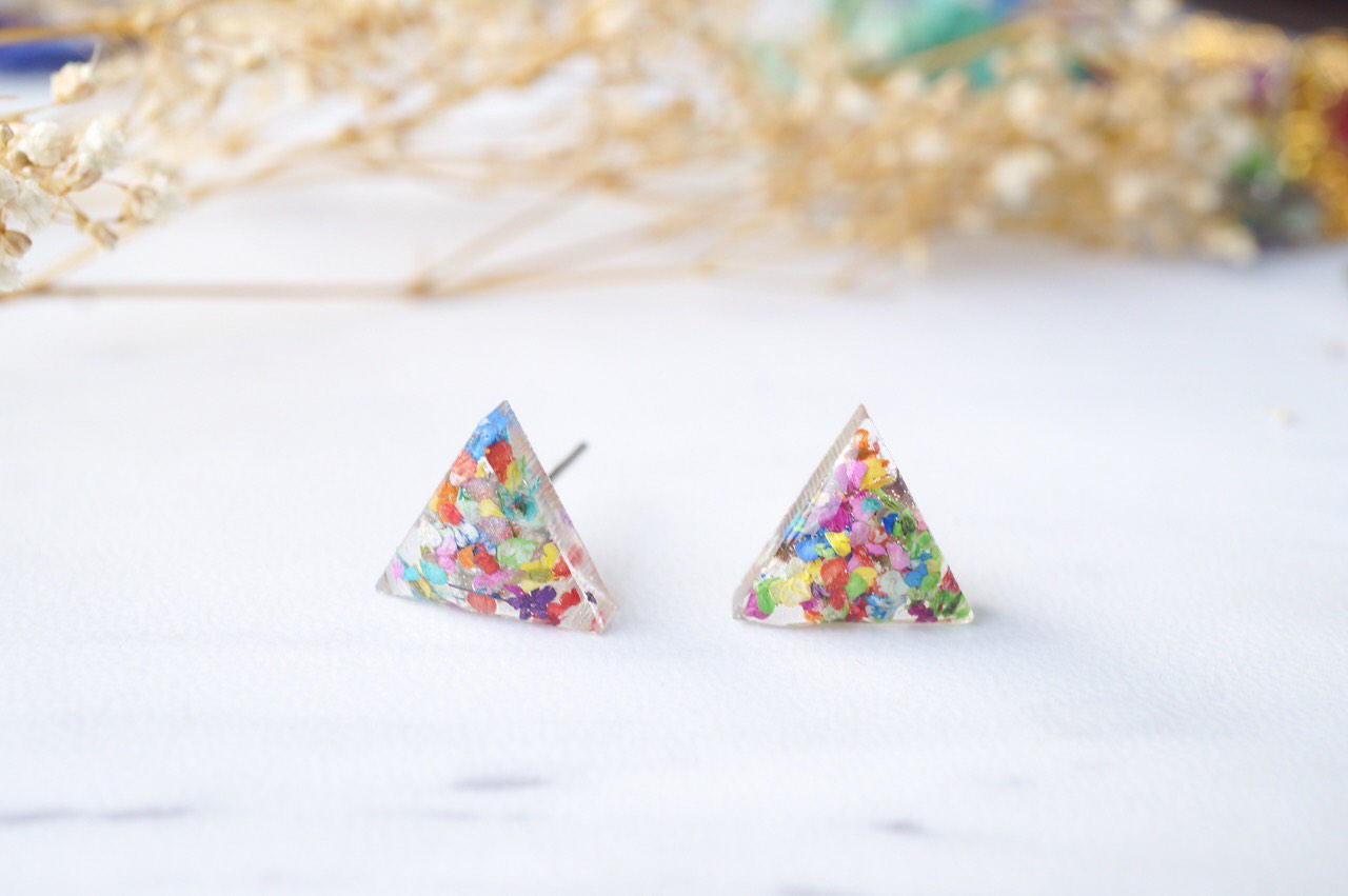 Real Dried Flowers and Resin Triangle Stud Earrings in Party Mix