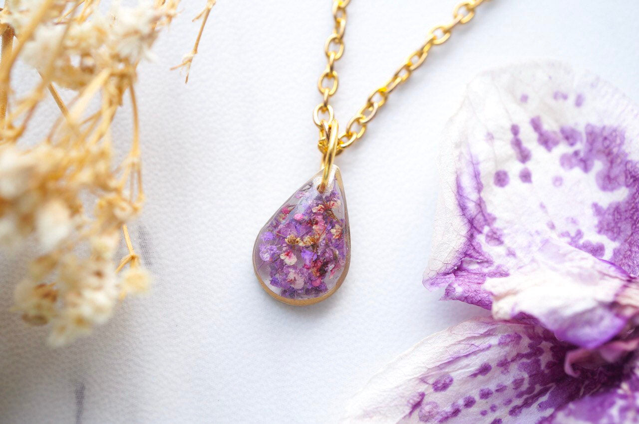 Real Dried Flowers and Resin Necklace, Small Gold Teardrop in Purples