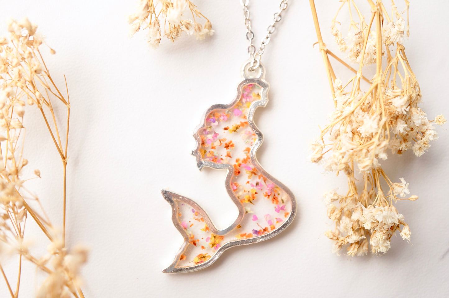 Real Dried Flowers in Resin Necklace, Silver Mermaid in Pink Orange Yellow Mix