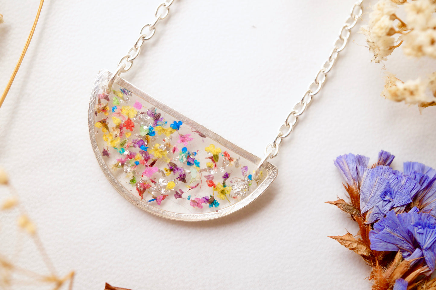 Real Dried Flowers in Resin Necklace, Silver Half Circle in Party Mix