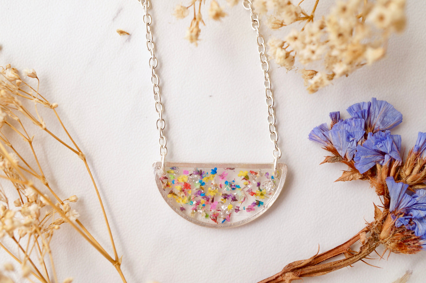 Real Dried Flowers in Resin Necklace, Silver Half Circle in Party Mix