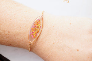 Real Dried Flowers and Resin Bracelet, Rose Gold in Red Orange Yellow Mix