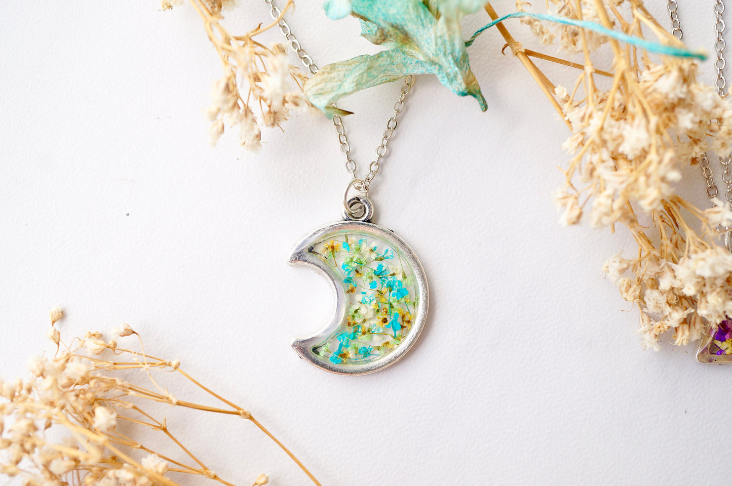 Real Dried Flowers and Resin Necklace, Silver Moon in Teal Green Yellow