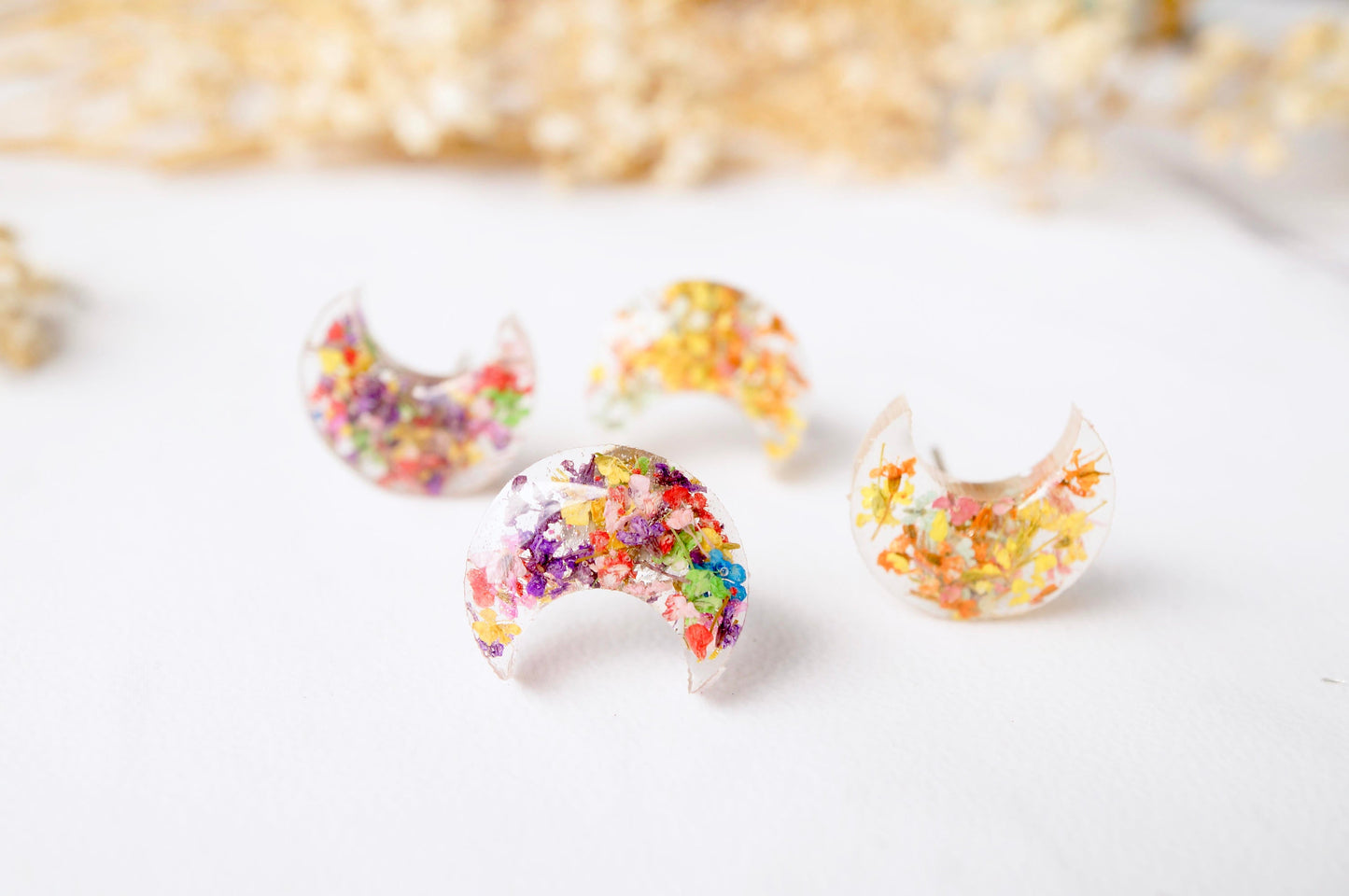 Real Pressed Flowers and Resin Celestial Moon Stud Earrings in Party Mix