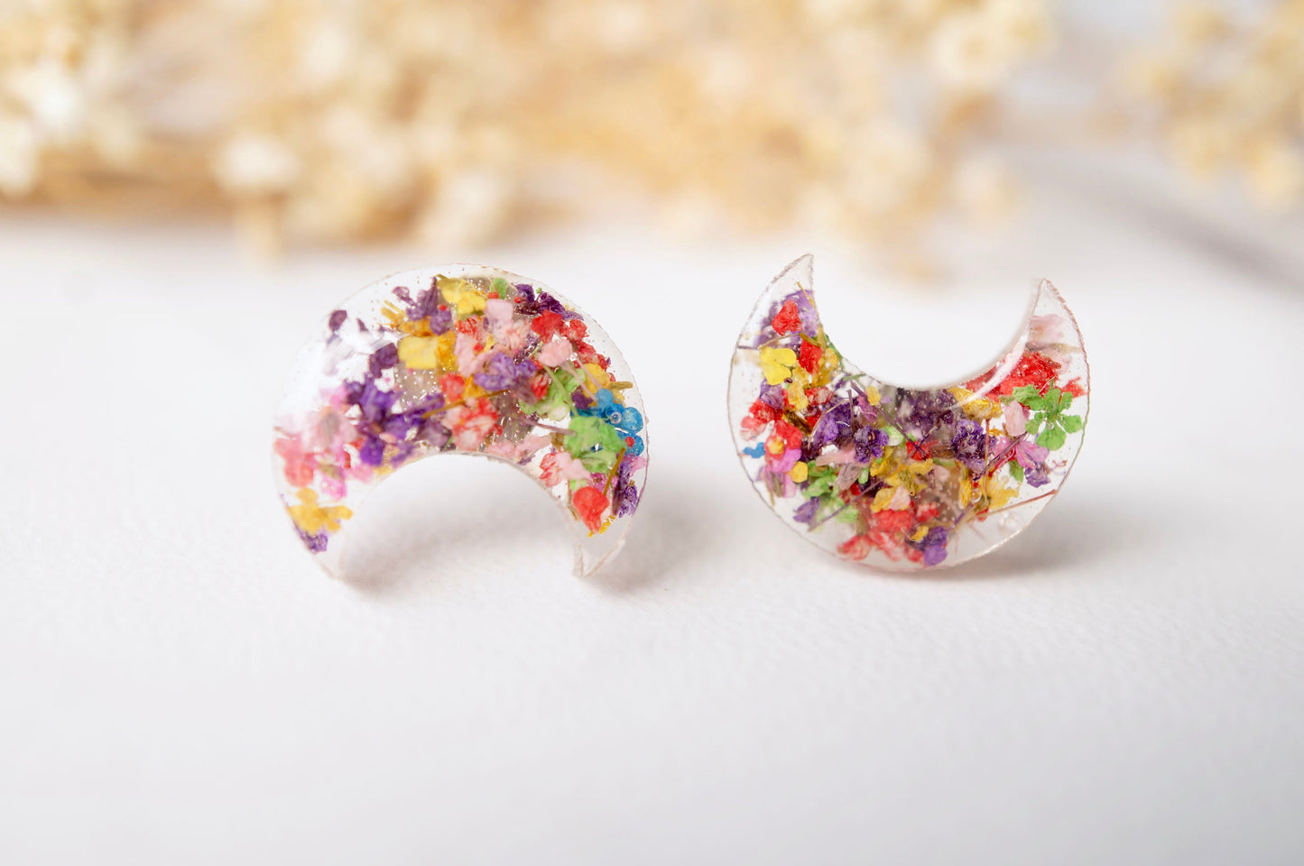 Real Pressed Flowers and Resin Celestial Moon Stud Earrings in Party Mix