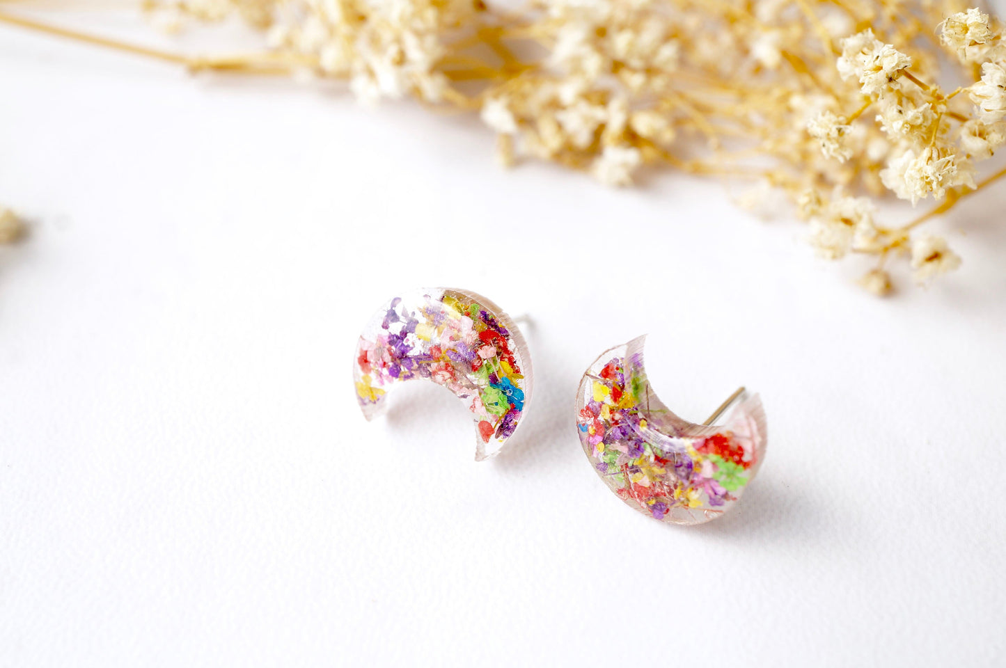 Real Pressed Flowers and Resin Celestial Moon Stud Earrings in Party Mix