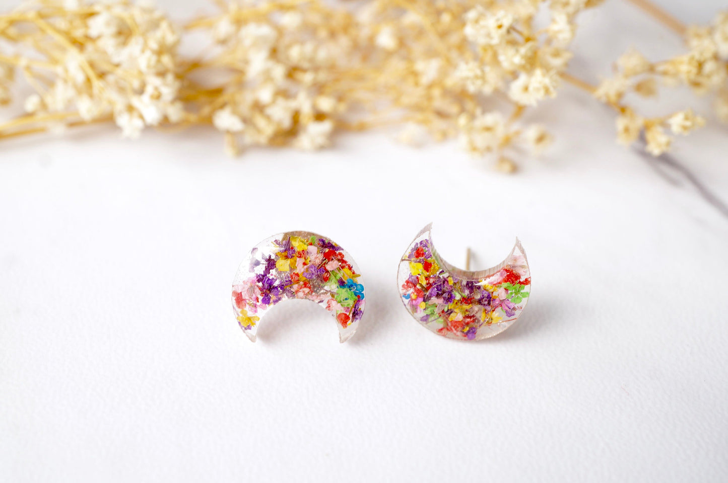Real Pressed Flowers and Resin Celestial Moon Stud Earrings in Party Mix