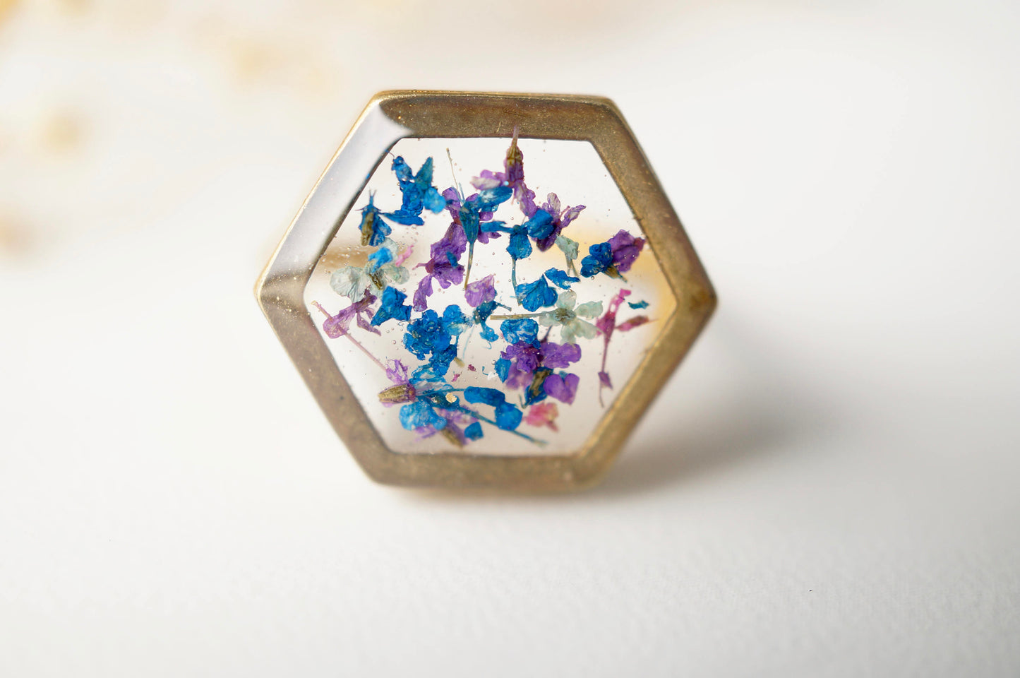 Real Pressed Flower and Resin Hexagon Gold Ring in Blue Purple Mint