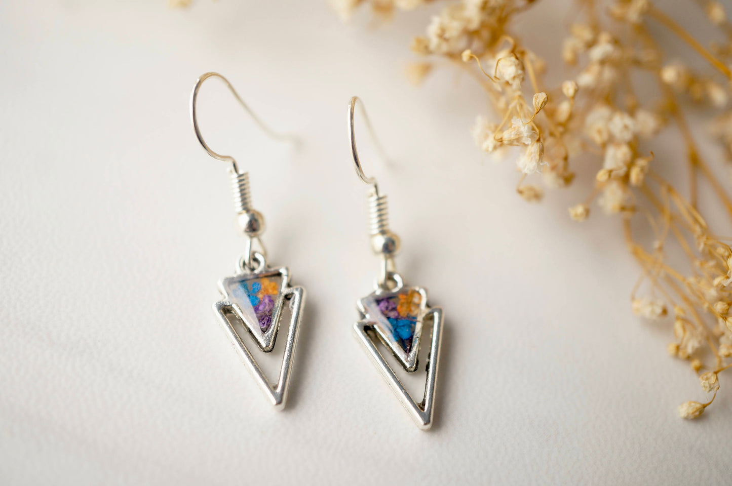 Real Dried Flowers and Resin Earrings, Silver Arrowhead Drops in Purple Blue Orange