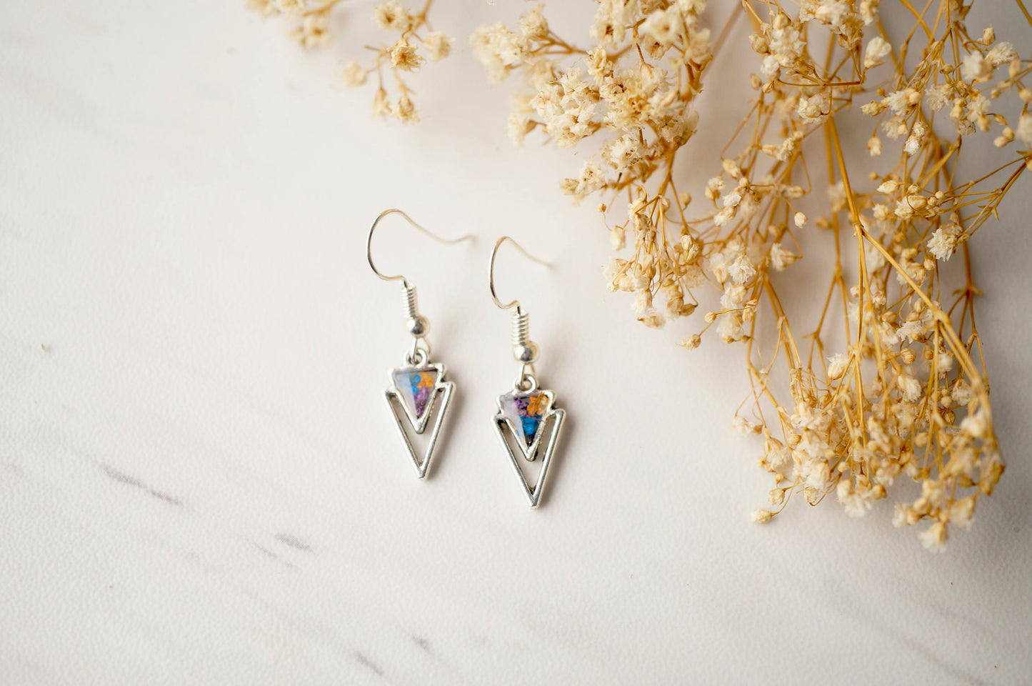 Real Dried Flowers and Resin Earrings, Silver Arrowhead Drops in Purple Blue Orange
