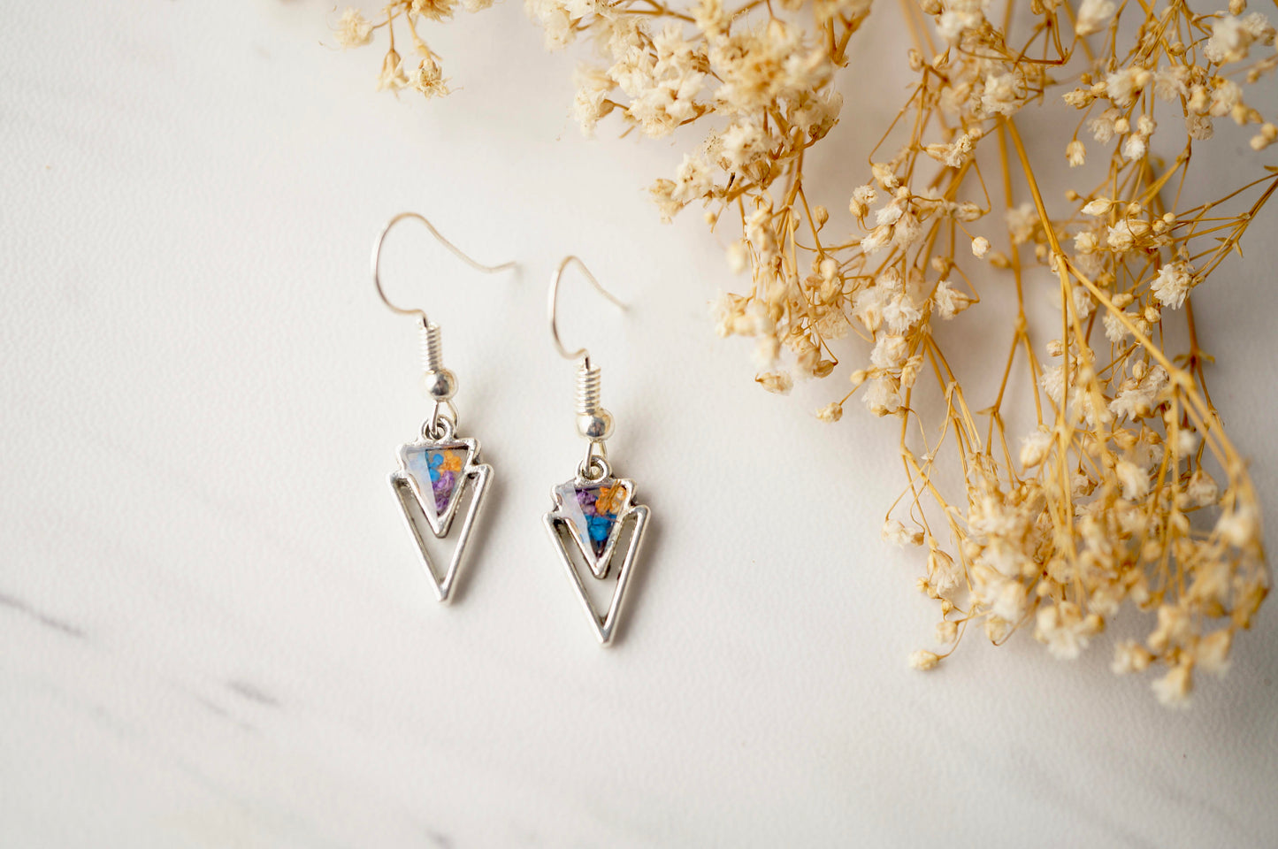 Real Dried Flowers and Resin Earrings, Silver Arrowhead Drops in Purple Blue Orange
