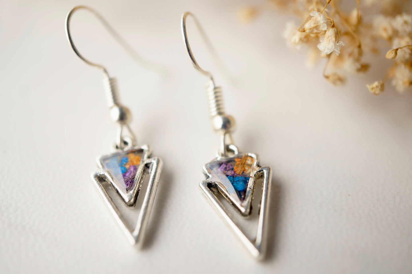Real Dried Flowers and Resin Earrings, Silver Arrowhead Drops in Purple Blue Orange