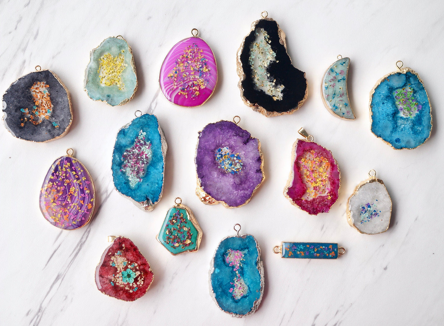 Real Dried Flowers and Resin Necklace, Blue Bar Gold Agate Geode in Purple Orange Yellow
