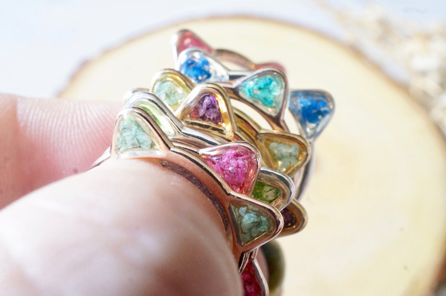 Real Pressed Flowers and Resin Cat Ring in Rose Gold and Teal