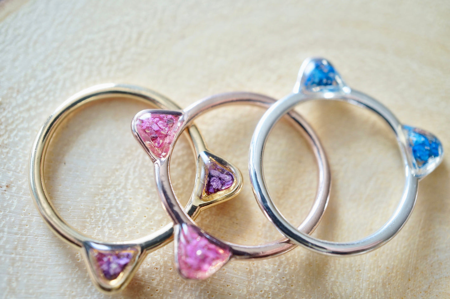 Real Pressed Flowers and Resin Cat Ring in Silver and Cobalt Blue