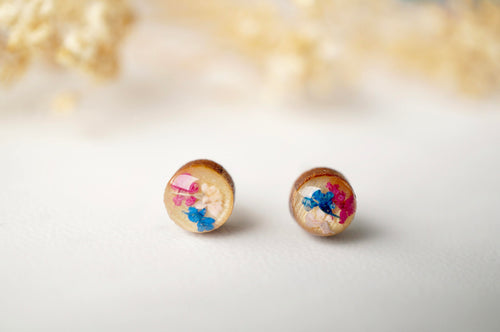 Real Dried Flowers and Resin on Wood Stud Earrings in Pink and Blue