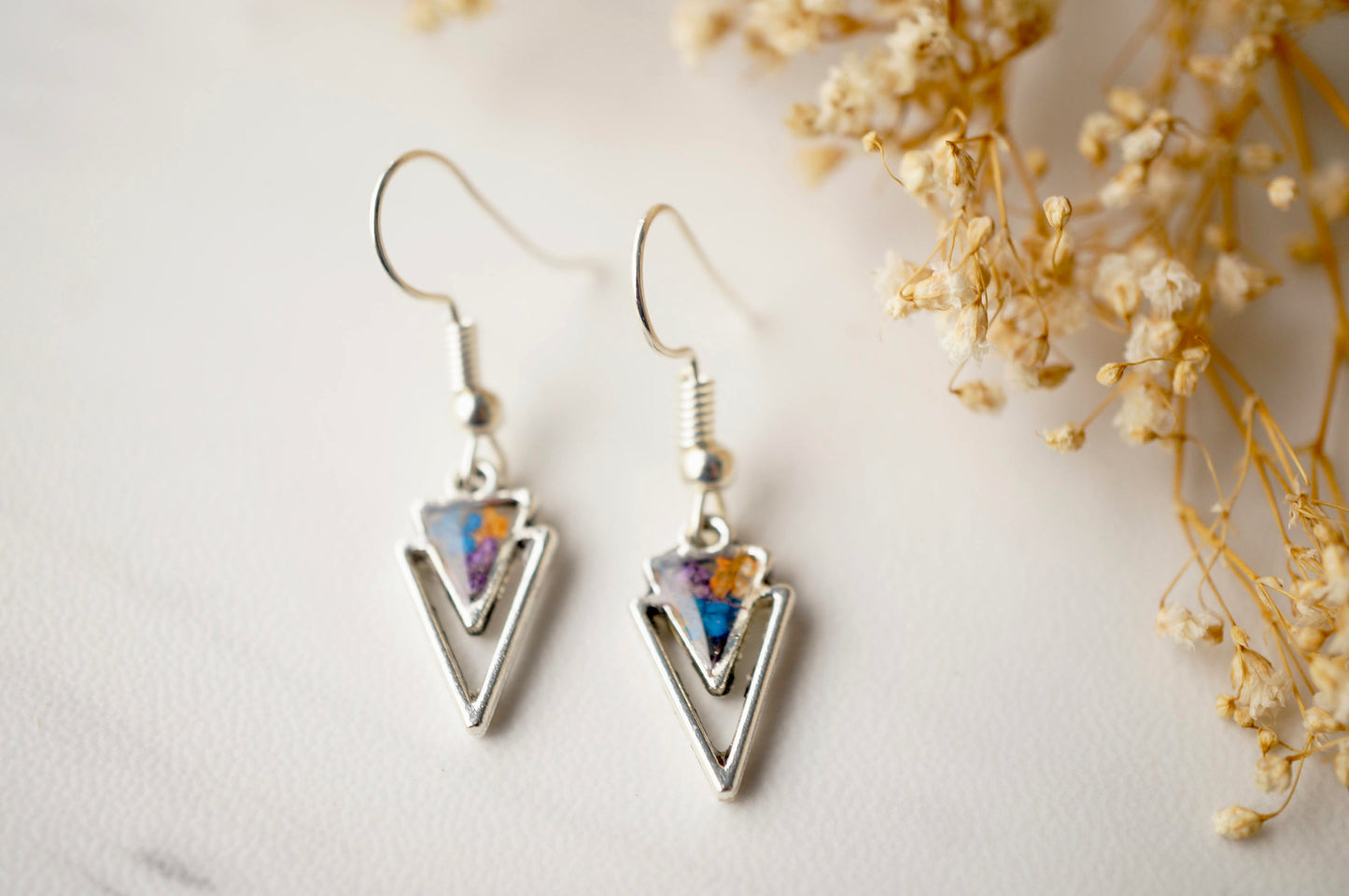 Real Dried Flowers and Resin Earrings, Silver Arrowhead Drops in Purple Blue Orange