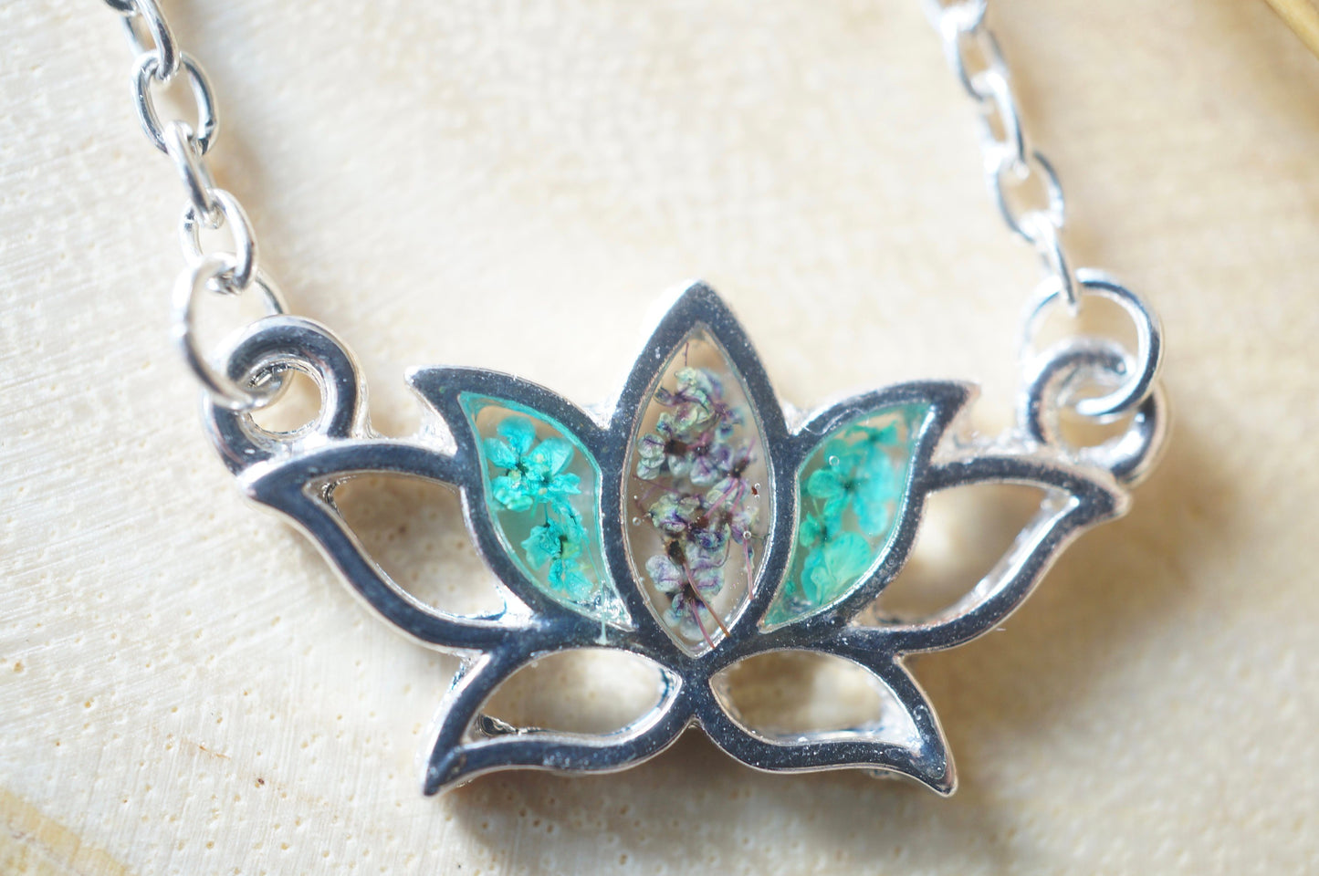 Real Pressed Flowers and Resin Necklace Silver Lotus Flower in Teal and Deep Purple