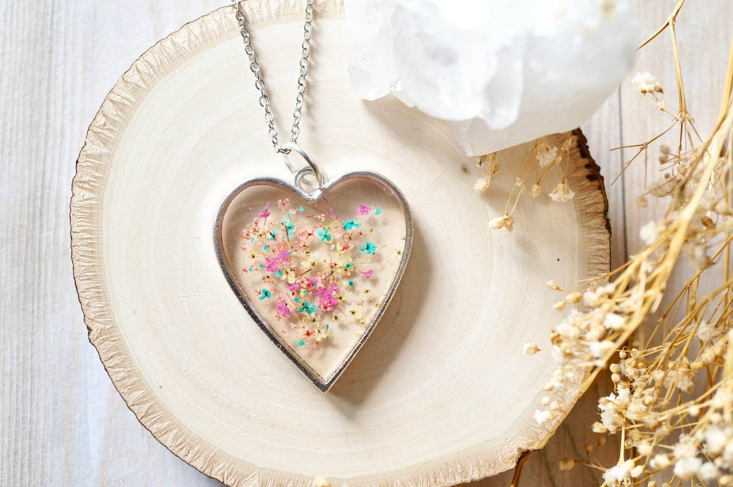Real Dried Flowers in Resin Necklace, Silver Heart in Teal Yellow Peach Pink
