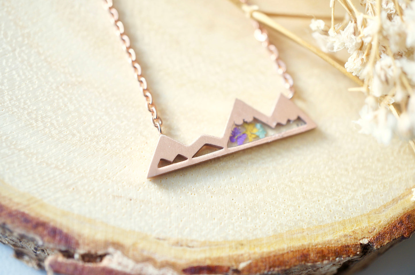 Real Pressed Flowers and Resin Necklace, Rose Gold Mountains