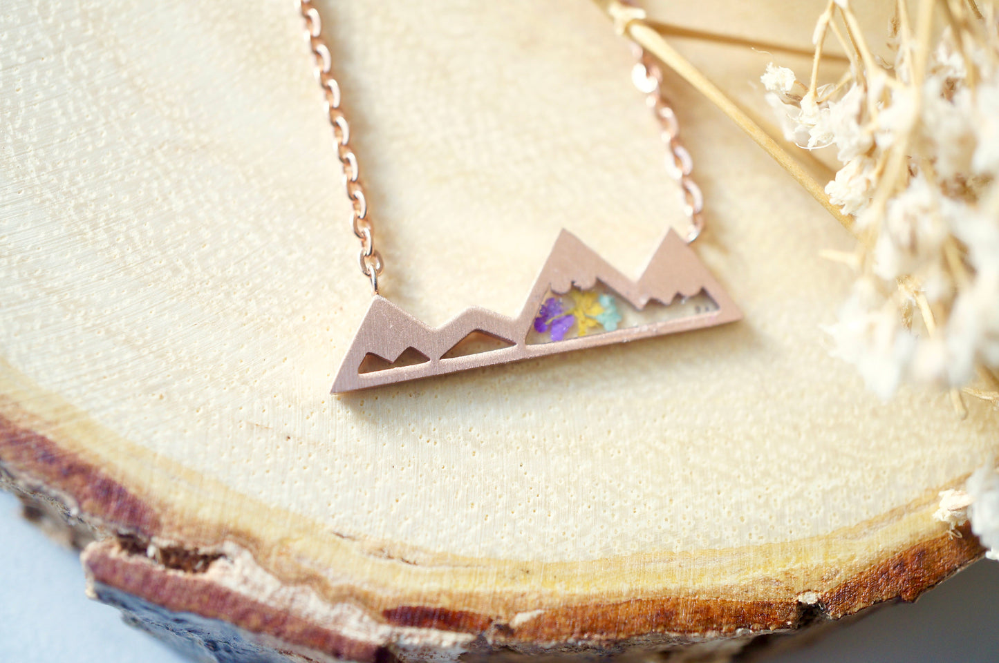 Real Pressed Flowers and Resin Necklace, Rose Gold Mountains