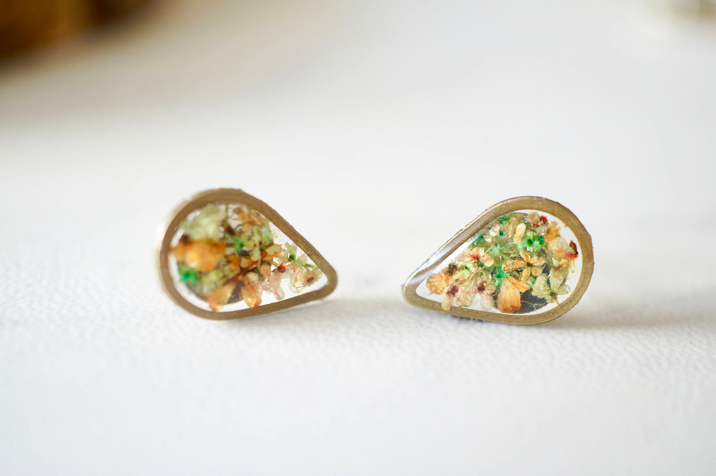 Real Dried Flowers and Resin Stud Earrings, Brass Teardrop in Green Orange Pink Mix