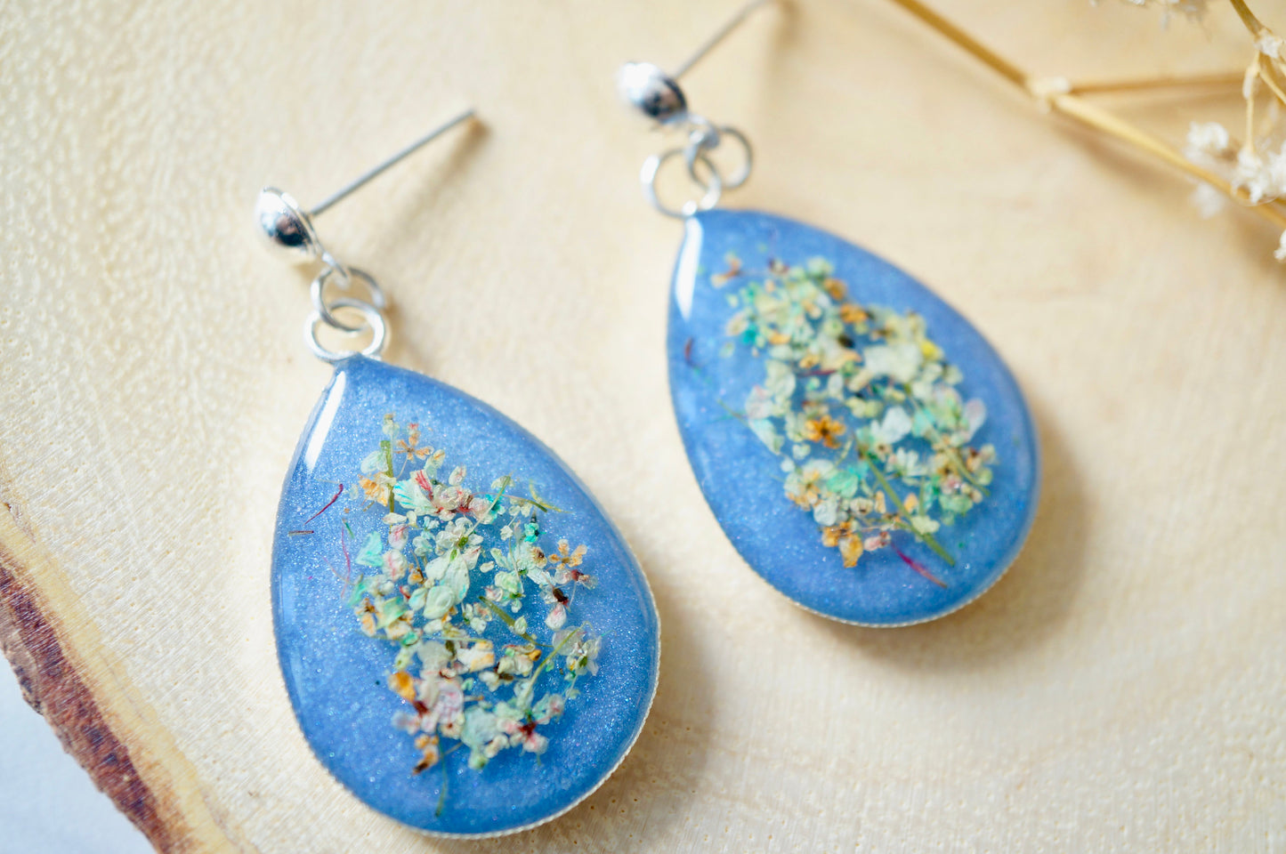 Real Dried Flowers and Resin Earrings, Large Silver Teardrops in Blue and Pastel Mix