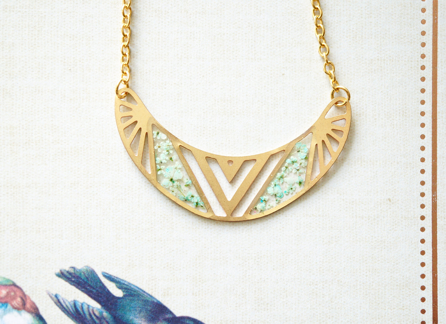 Real Flowers and Resin Necklace, Brass Tribal in Mint